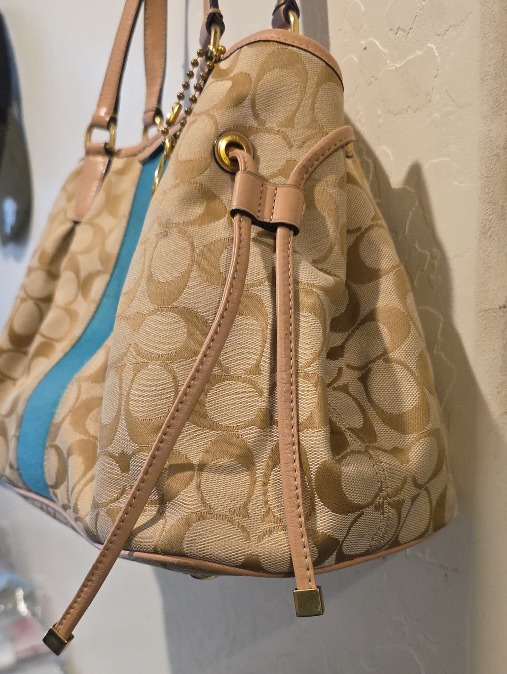 Coach Tan Signature Canvas Tote with Teal Center Stripe - Picture 4 of 16